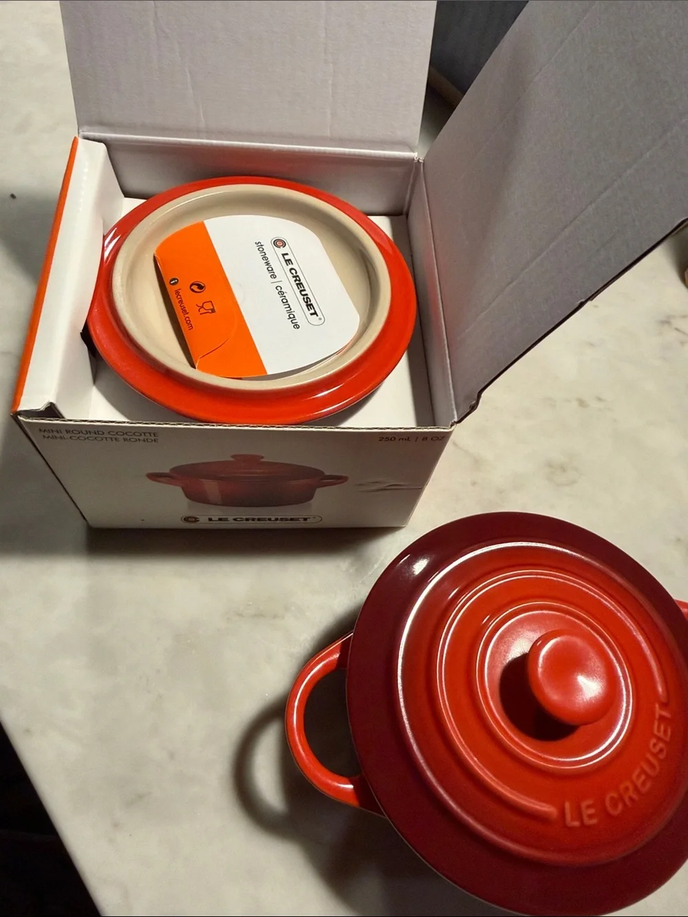 Two Le Creuset Red Mini Round Stoneware Cocotte